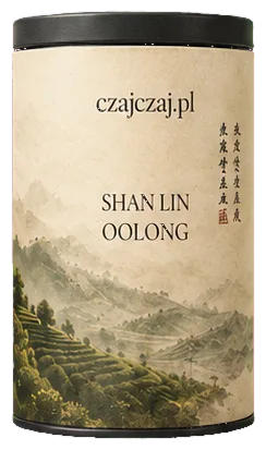 Puszka herbaty Shan Lin Oolong z rysunkiem górskich tarasów.
